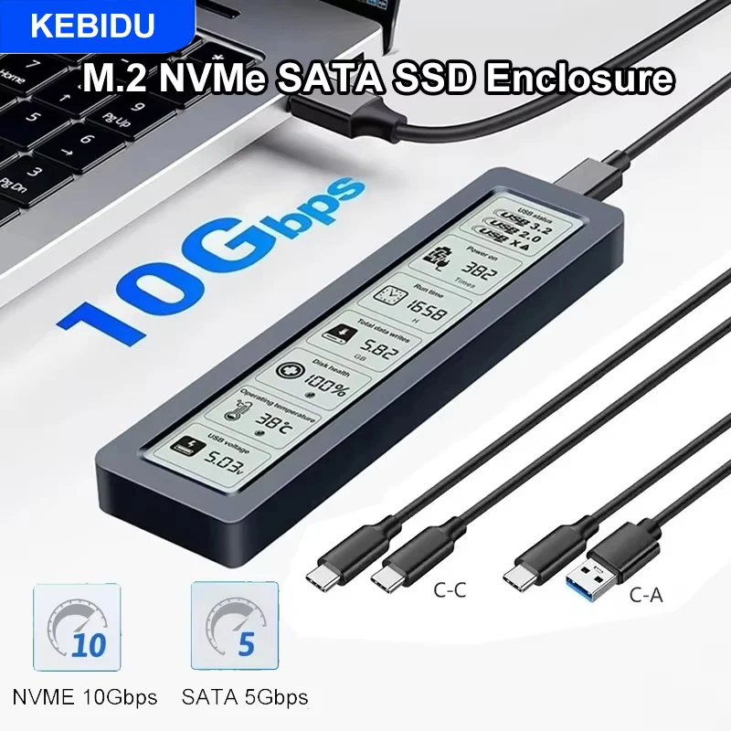 KEBIDU M.2 NVMe SATA SSD 인클로저 비주얼 스마트 SSD 케이스 USB 3.2 Gen 2 10Gbps NVMe PCI-E 하드 디스크 케이스 알루미늄 USB C 어댑터