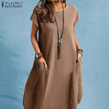 ZANZEA Summer Casual Cotton Dress for Woman O-Neck Short Cap Sleeve Loose Cotton Knee-Length Dress Vacation Day Wear Robes Femme 1