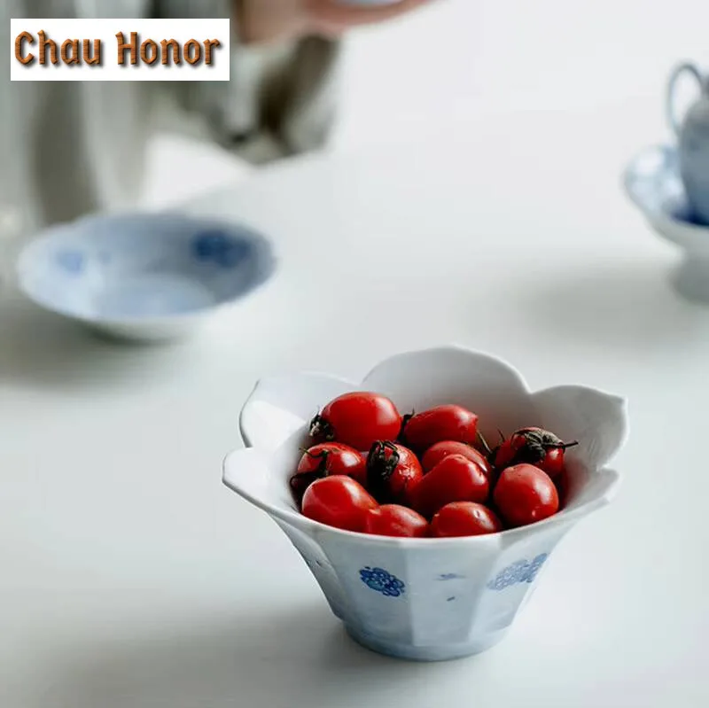 Pure Hand-painted Fog Blue Cherry Blossom Art Pot Bearing Creative Lotus Pot Inheriting Zen Ceramic Dry Bubble Table Fruit Plate