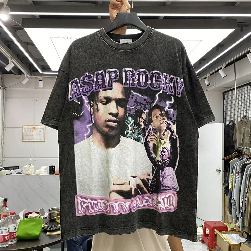 

Retro Street Hip Hop Rap Singer Portrait Letter Print High Street Retro Distressed Short Sleeve Loose T-shirt