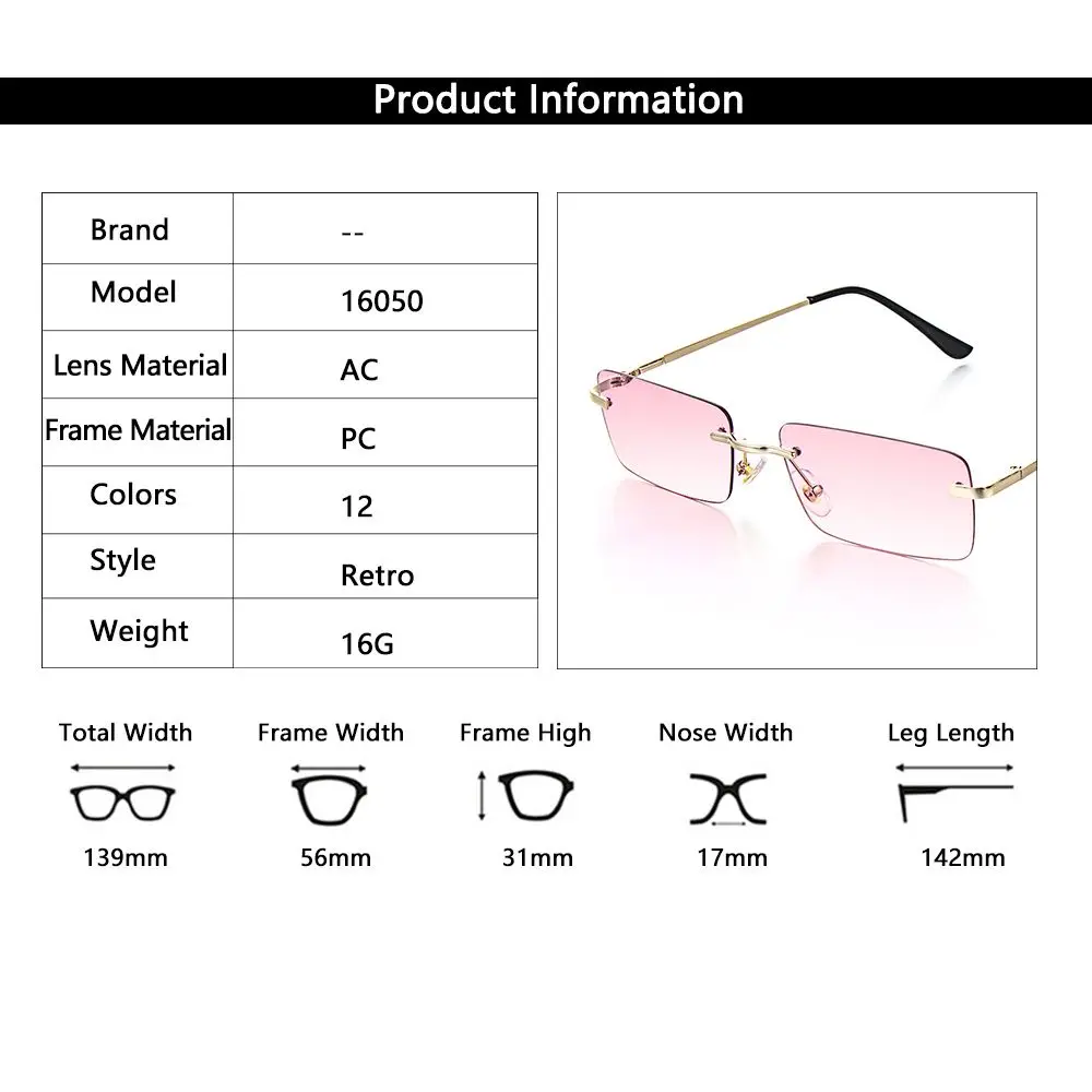 Unisex Small UV400 Eyeglasses Sun Glasses Rectangle Rimless Women Vintage Sunglasses Gradient Glasses