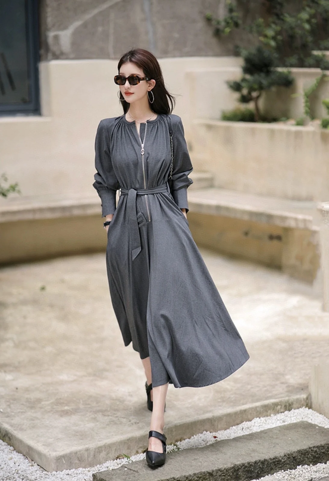 

2023 Autumn/Winter Fashion New Women's Clothing Half Cardigan Zipped round Neck Dress 0905