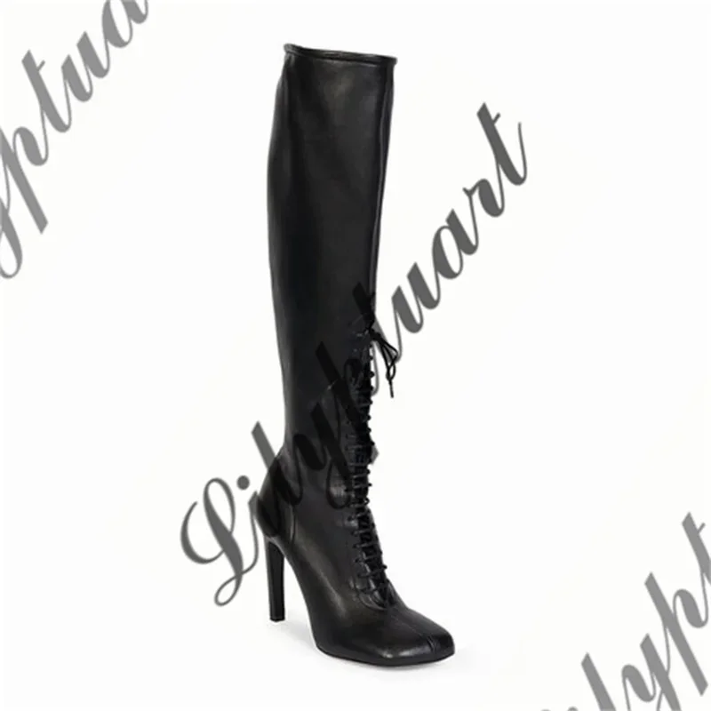 PU Leather Leopard Print Knee Boots for Women, Lace Up High Heels, Square Toe, Large Size 43, Autumn Fashion