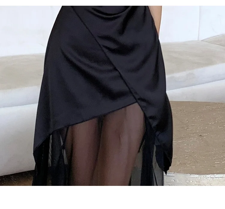Sexy Black Dresses for Women Summer New Spaghetti Strap Mesh Patchwork Slim Evening Party Dress Prom Robe French Vestidos Mujer