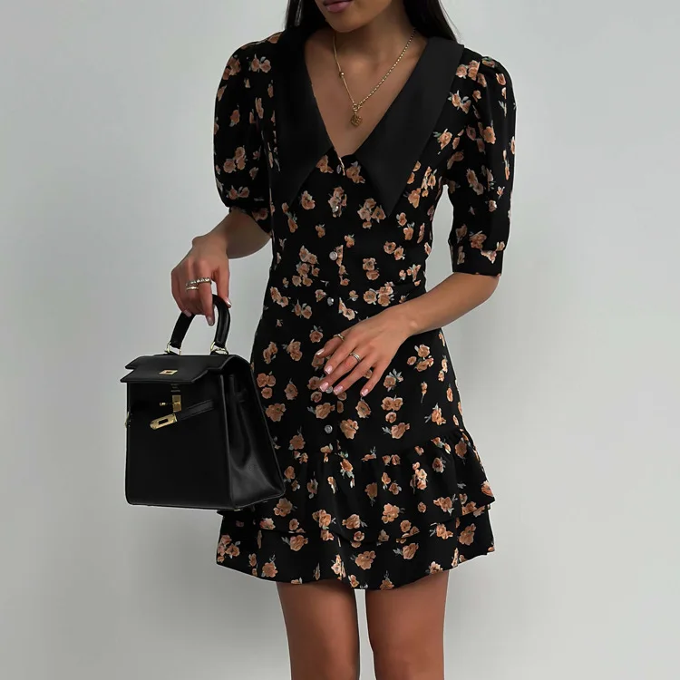 Printed Ruffled V-Neck Mini Dress Female Short Sleeve Fashion Slim High Waist Elegant Party Dress Women's Summer Dress New