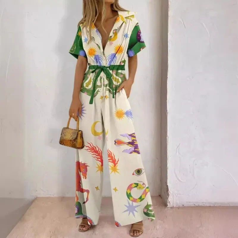 Street Style Women's Printed Pants Jumpsuit High Waist Casual Wide Leg Pants Elastic Waist Creative Printing Women's Jumpsuit