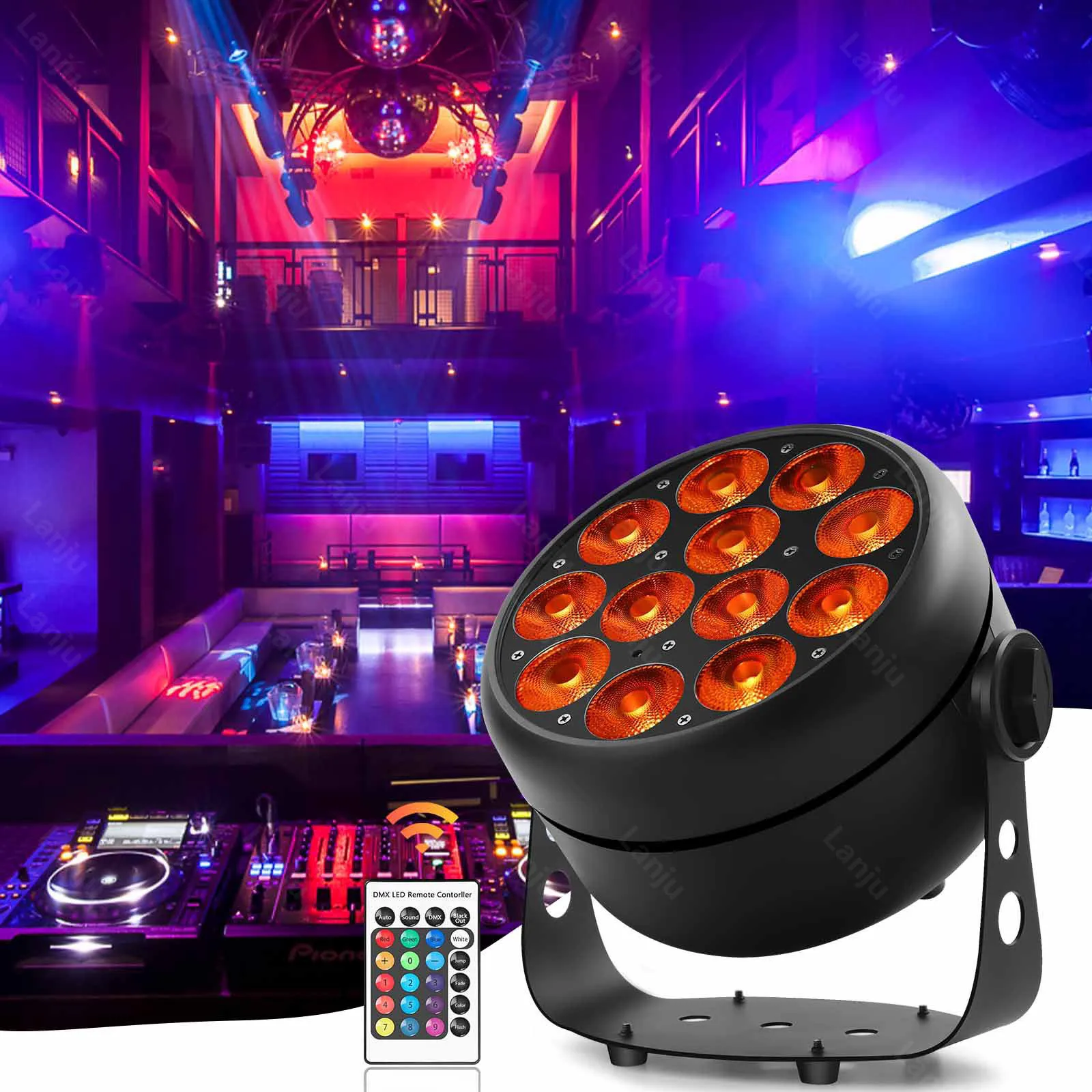 

LANJU LED 12x10W 4in1 remote control par light voice controlled RGBW dyeing strobe lights DJ disco party wedding DMX spotlight