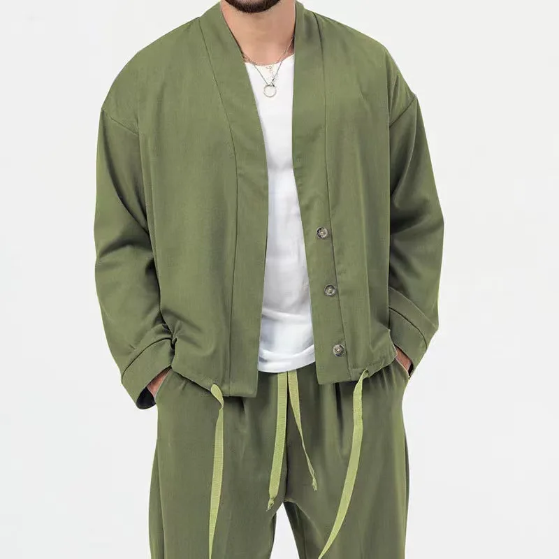 

Men's 2-Piece Outfits, Button Breathable Casual Jacket And Casual Drawstring Sweatpants Set For Spring Autumn, Men's Clothing