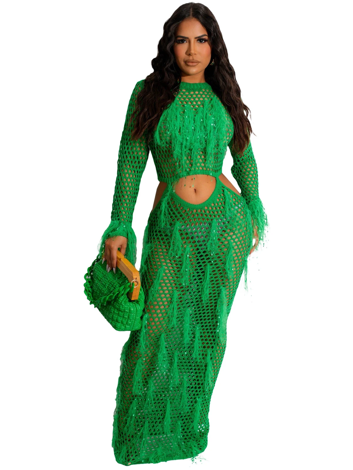 

Szkzk Tassels Sequin Patchwork Knitting Hollow Out Maxi Long Dress Women Sexy Seaside Holiday Party See Through Cover-ups Dress