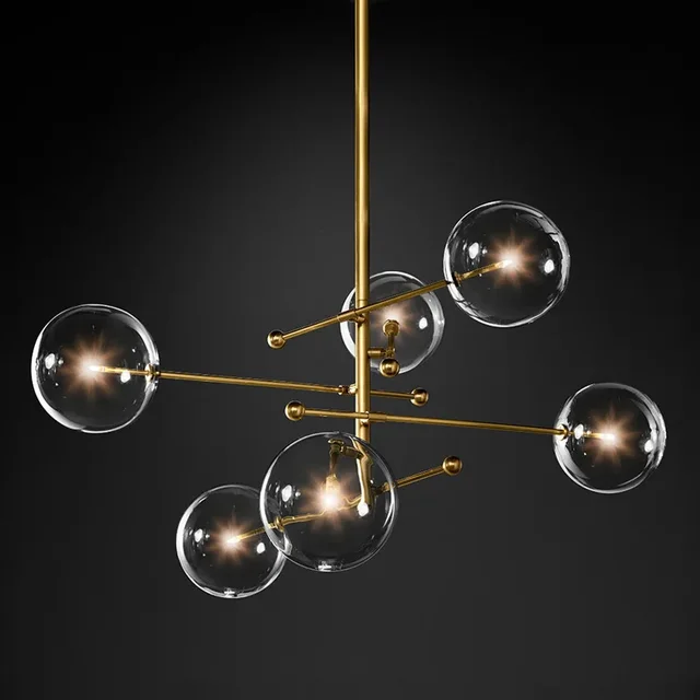 SANDYHA Creative Art Glass Ball Pendant Light Nordic Design Black Gold LED Chandelier for Stylish Living Room Bedroom Home Decor