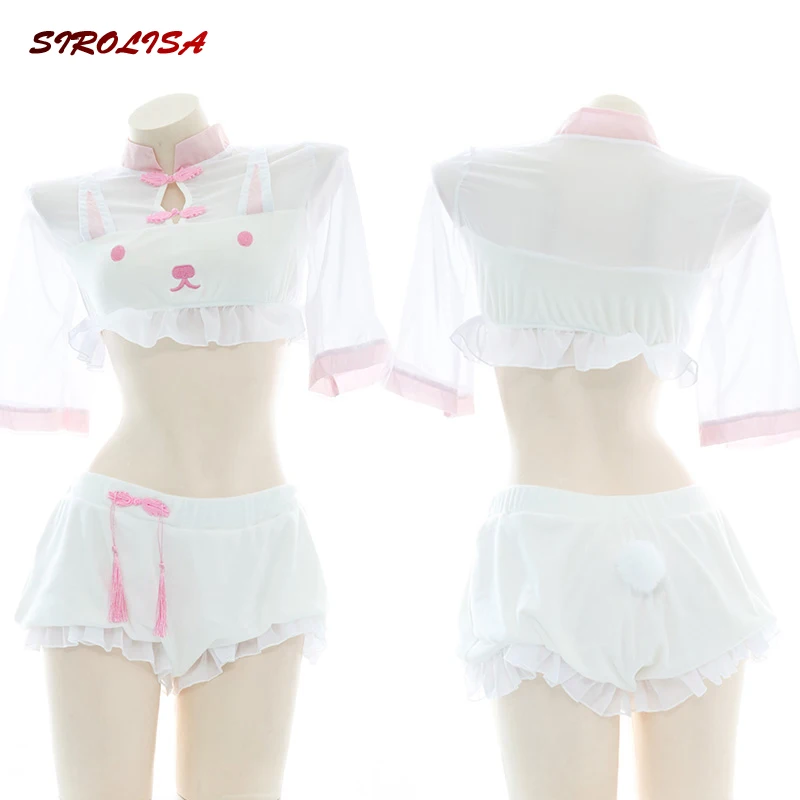 

Plush See Through Cute Sweet Lolita Rabbit Women Bunny Uniform Cosplay Costumes Cheongsam Sexy Ruffles Lace Lingerie Sleepwear