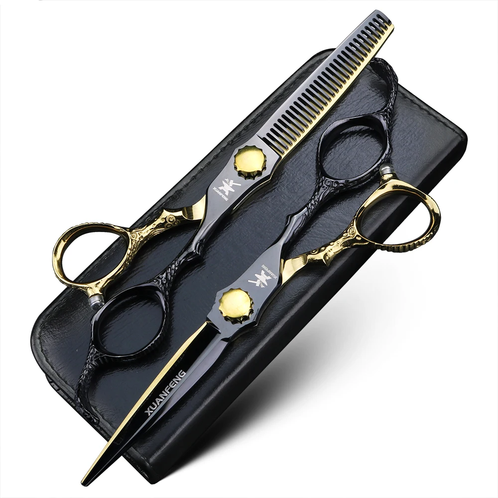 XUANFENG 6-inch golden cobra handle hair scissors, barber cutting scissors, and thinning scissors made of 440C steel