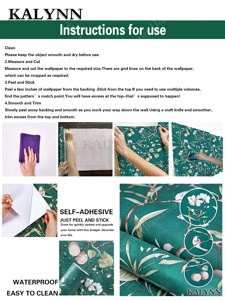 Peel And Stick Wallpaper - Vintage Floral Green Bird Pattern, 17.32" X 78.7" Roll, Removable Contact Paper - View #5