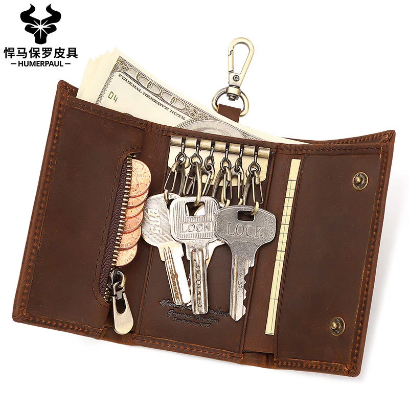 

Leather key bag crazy horse leather three fold simple family car Chain Wallet men's zero wallet