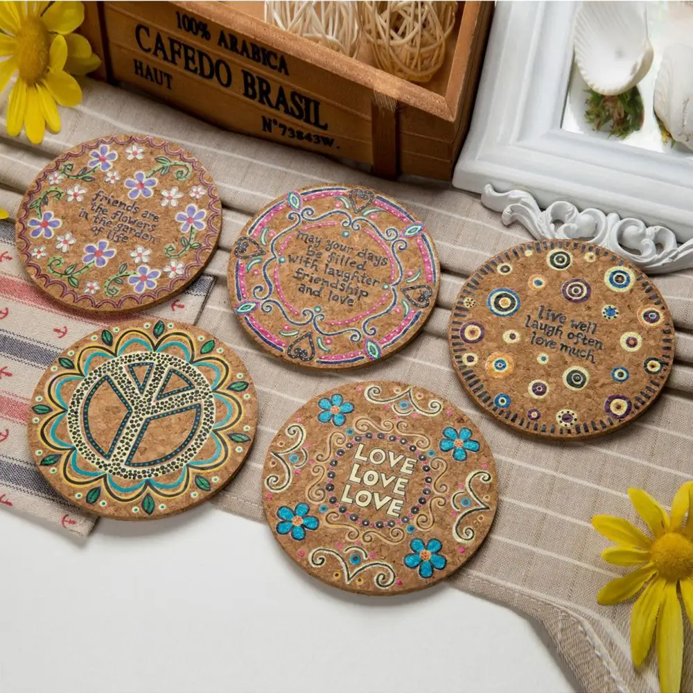 4pcs Natural Cork Round Cup Mat Drink Coasters Heat Insulation Patterned Pot Holder Mats For Coffee Table Tabletop Kitchen tools