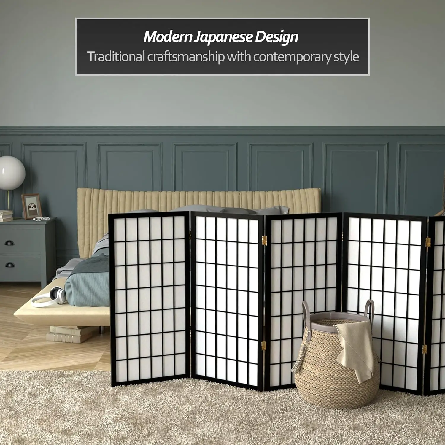 3 Ft. Short Window Pane Shoji Screen - Black - 6 Panels 2