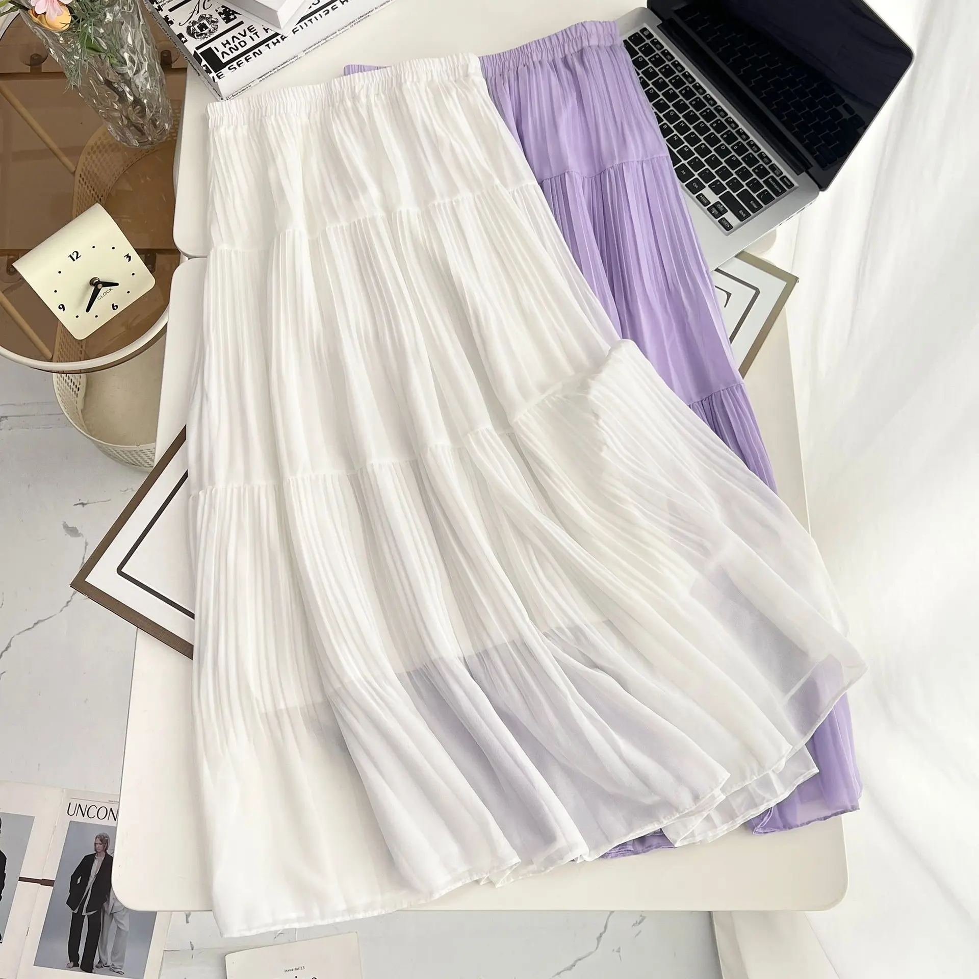 100kg Plus Size Women's Long Skirts Summer New Style Fashionable Elegant mid-length A-Line Pleated Chiffon Skirt