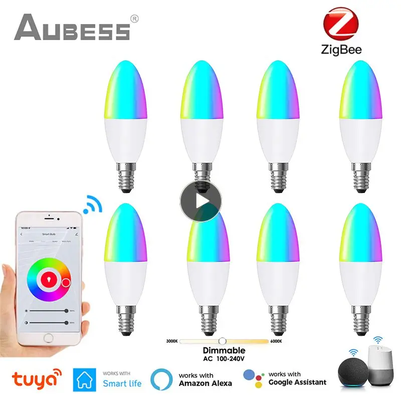 

TUYA Zigbee Smart Light Bulb Candelabra Eu Lightbulb E14 RGB+CCT 100-240V 5W Dimmable LED work with Alexa Google Home Yandex