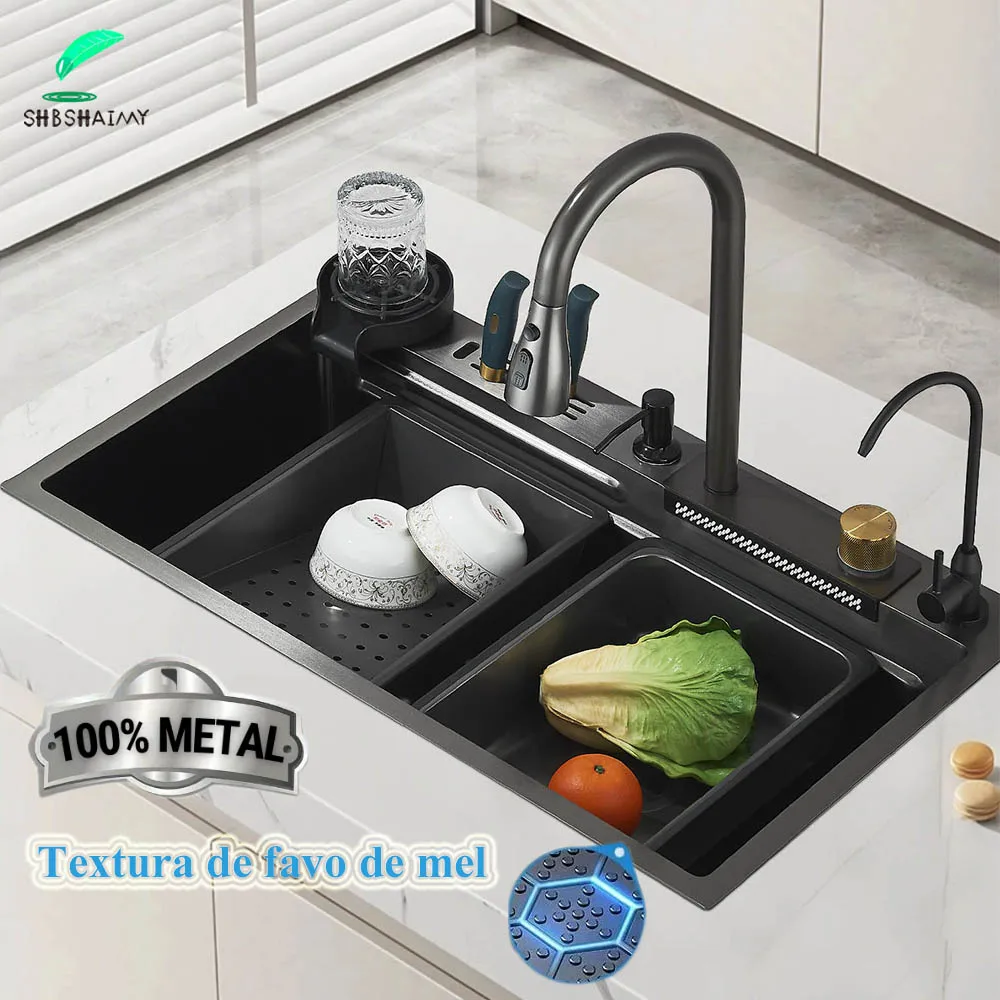 Fregadero de Cocina Gourmet de Acero Inoxidable 304 Multifuncional con Dispensador de Jabón y Lavavajillas