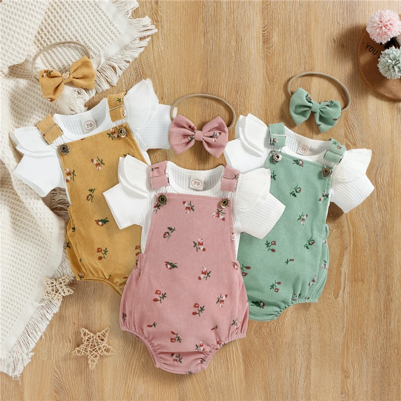 Baby Clothing Set best of sale Infant Baby Girl Summer Clothes, Solid Color Fly Sleeve Round Neck Tops + Flower Pattern Suspender Jumpsuit +Bow Headband, 0-18M baby floral clothing set