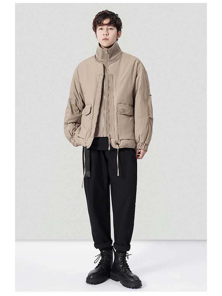 Fashion Trendy Male Patchwork Knitting Stand Collar Double Zipper Down Jacket Men's Winter Warm Long Sleeve Duck Down Jacket