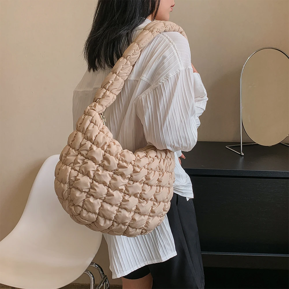 Puffer Quilted Crossbody Bag, Cloud Ruched Shoulder Bag, Trendy Padded  Nylon Hobo Bag