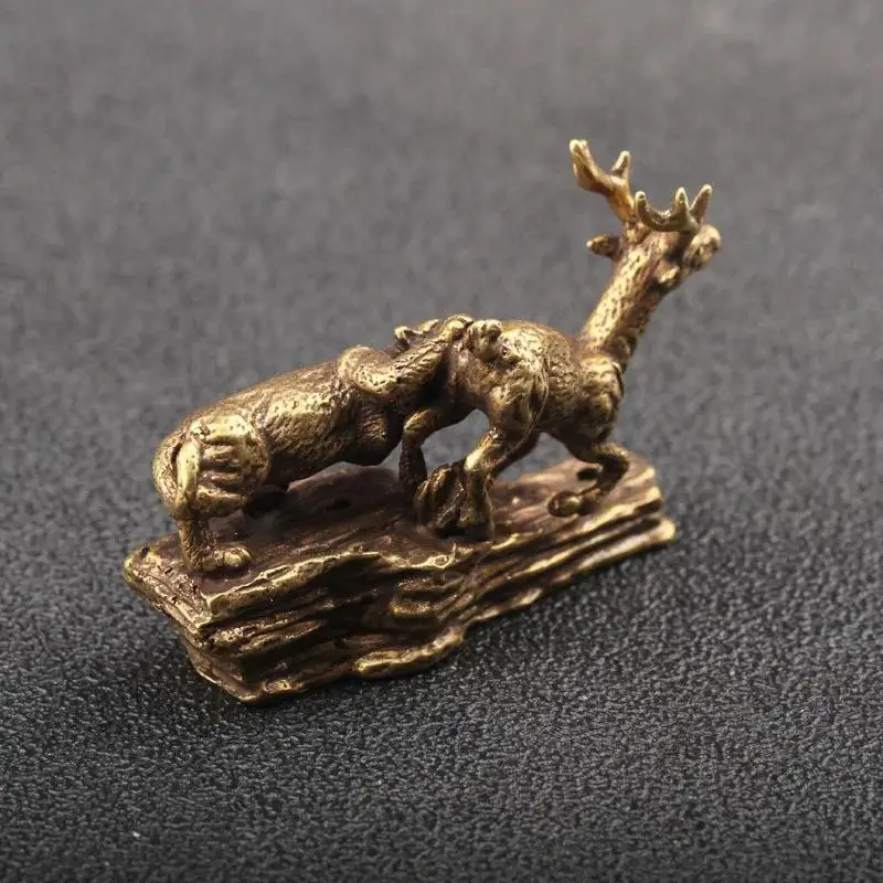 Pure Copper Tiger King Catching Deer Statue Small Ornament Antique Bronze Animal Miniature Figurines Home Desk Decorations Craft