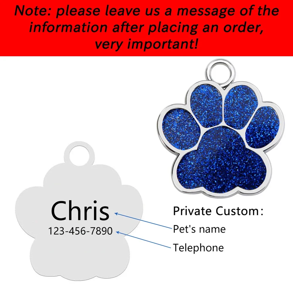 Pet ID Tags Dog Cat Tags Engraved Collar Tag Pendant Paw Glitter Accessories