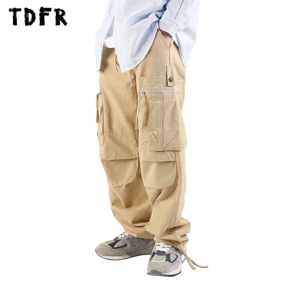 

Zipper Pocket Cargo Pants Mens Casual Safari Style Elastic Waist Wide Leg Solid Color Loose Dungarees Men