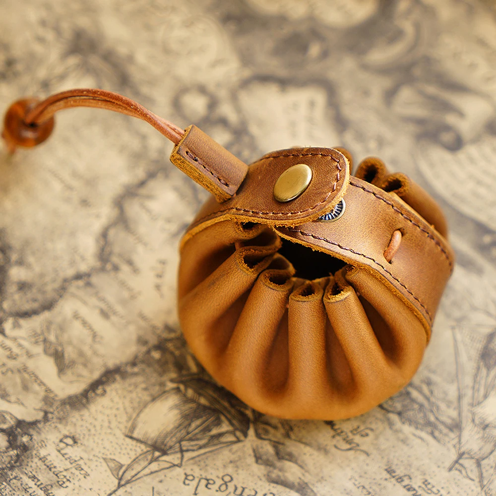 Handmade Leather Drawstring Pouch Portable Cowhide Coin Purse Mini Wallet Stationery Holder