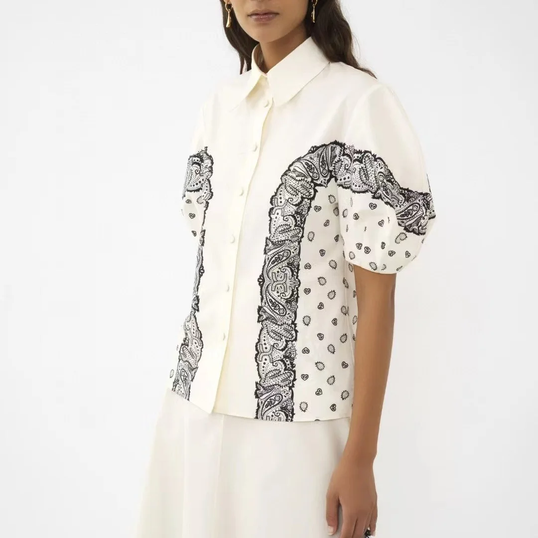 

Women's Bubble Sleeves Flip Neck Dress, Slim Fit, Temperament, Printed, Spring, Summer, New, 2022