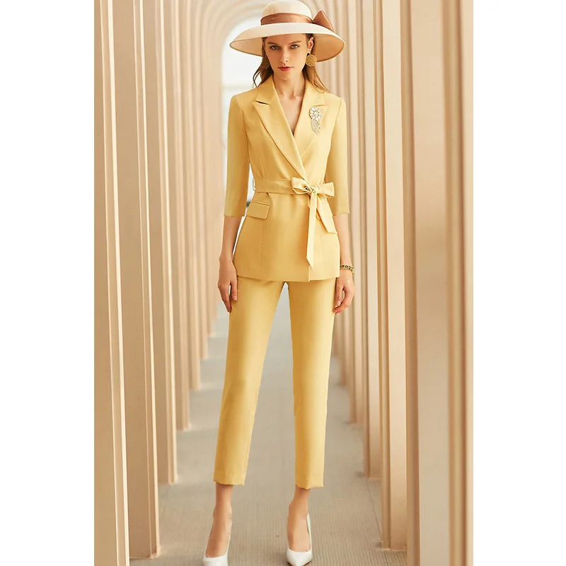 

Women Office Suits Set Professional Female Business Lady Suit Plus Size Light Yellow Blazer Pant Designer Tailor 2022 Free Ship