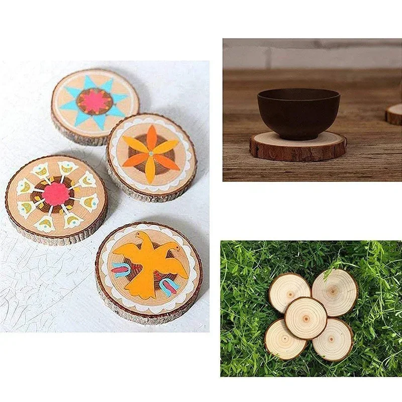 Fette di legno non finite naturali da 50 pezzi per la creazione di decorazioni natalizie fai da te Dischi di tronchi rotondi con albero e corda(4-6cm*0.6) Handcraft Materials