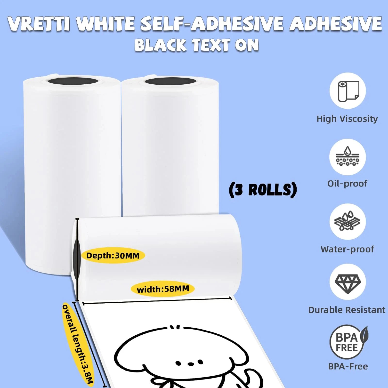 어린이 카메라 저널용 BPA 프리 57x30mm 흰색 자체 접착 스티커 용지 3개