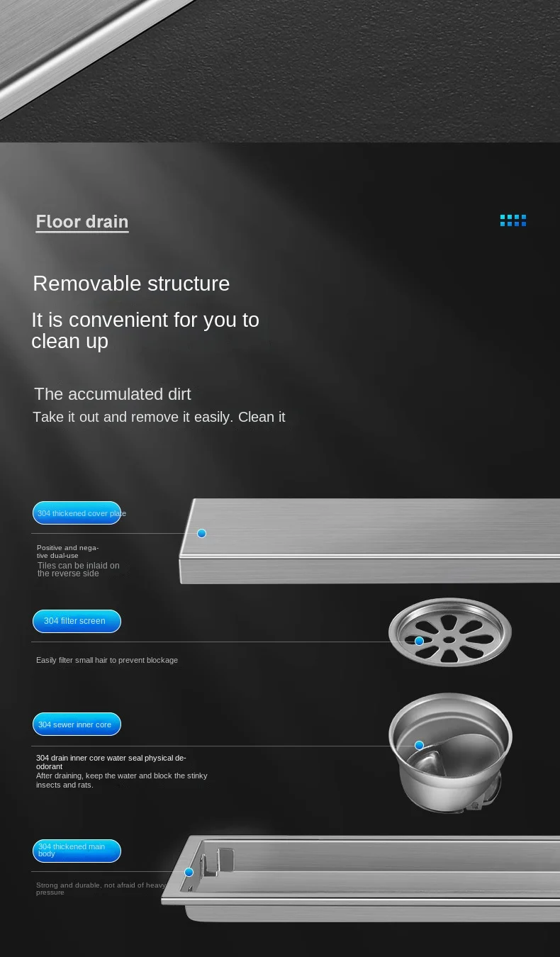Invisible Tile Floor Drain Brshed Gold Black 304 Stainless Steel Lavatory Bathroom Shower Long Linear Drainage Side Floor Drains