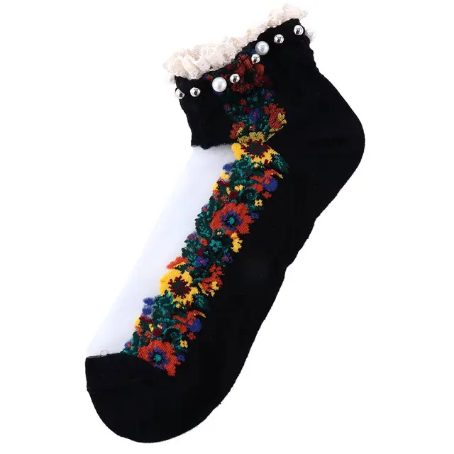 Fashion Elastic Socks Crystal Glass Silk Ultrathin Lace Literary Sale 1 Pair Summer Transparent Jacquard Short Socks A
