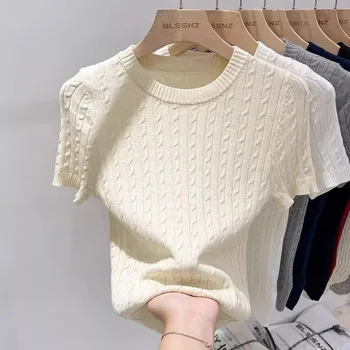Zjaiss 2026 Summer Apricot O-Neck Women's Short Sleeve Knit Top Twist Slim Fit Short T-Shirt Trendy Solid Color Versatile Tee 1