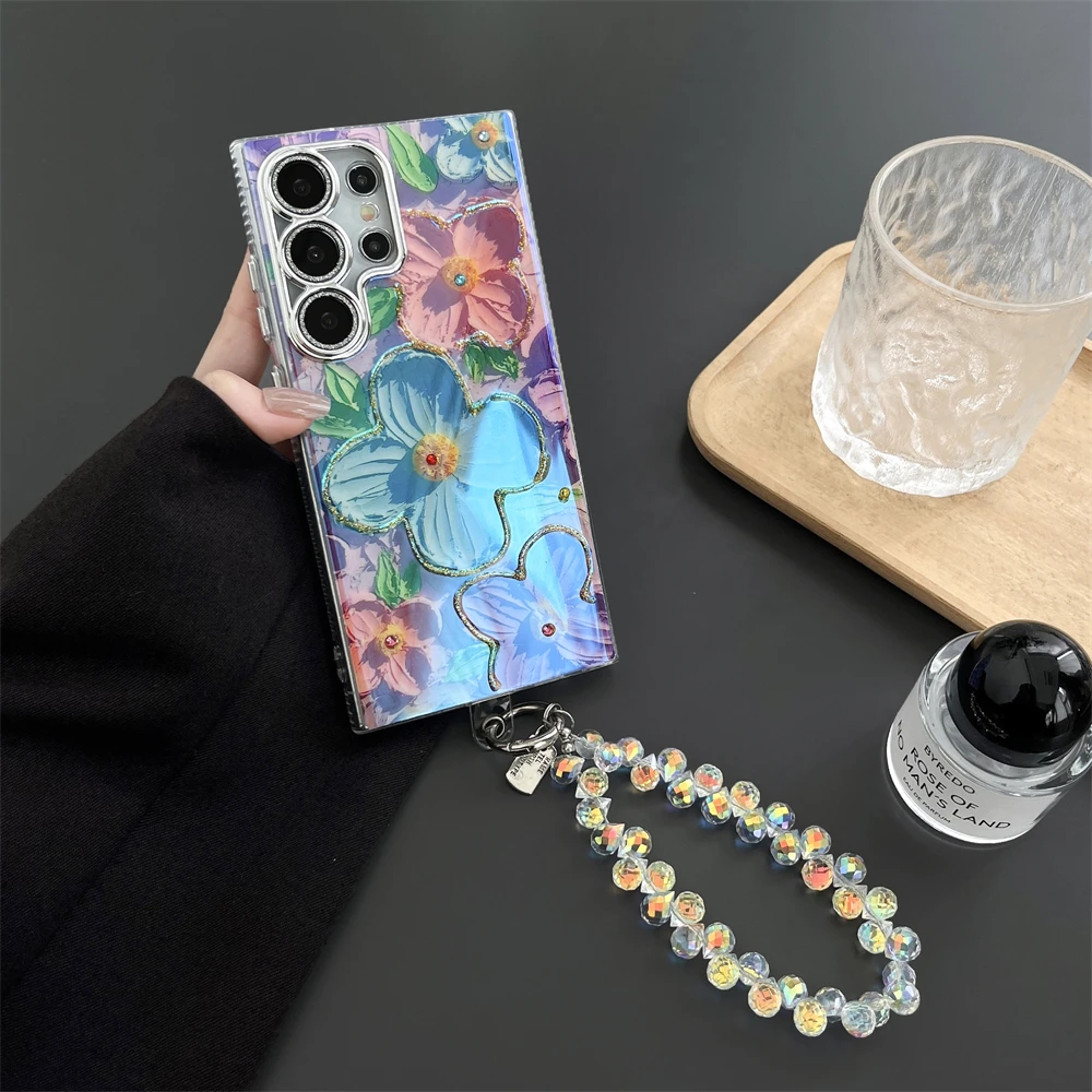 Luxury Flower Pattern Glitter Laser Phone Case with Wrist Strap Rope Cover