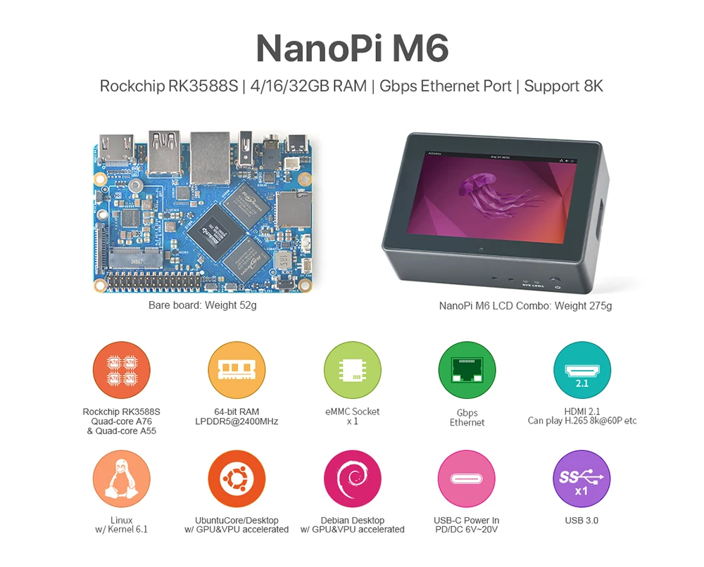 NanoPi M6 Development Board Open-Sourced 64bit  RK3588S Mini SBC LPDDR5 RAM Nati