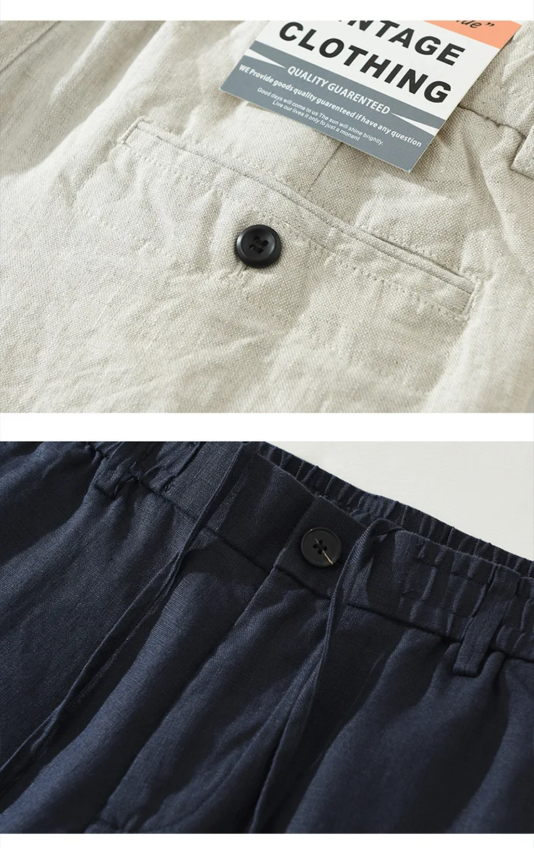 Men's linen casual pants, drawstring elastic waist, loose and breathable linen beach trousers