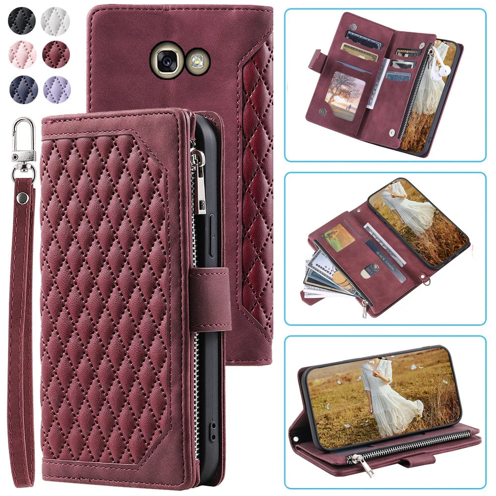 Fashion Zipper Wallet Case For Samsung A5 2017 Flip Cover Multi Card Slots Cover Phone Case Card Slot Folio with Wrist Strap