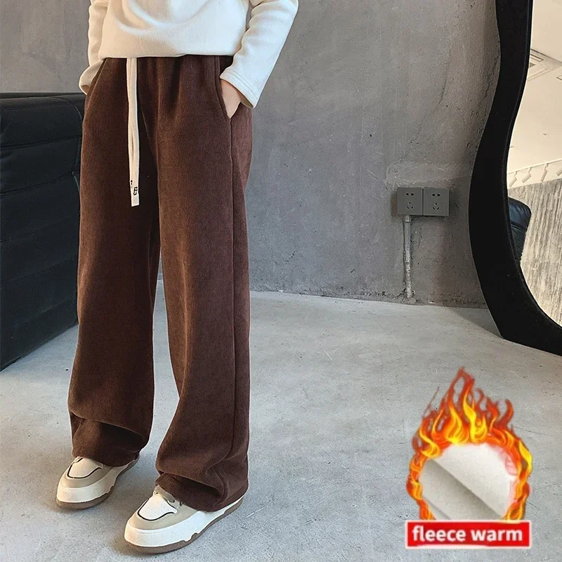 

Girls Casual Pants Winter Fleece Warm High Waist Wide Leg Pants for Kids Fashion Maillard Style Teen Children Straight Trousers
