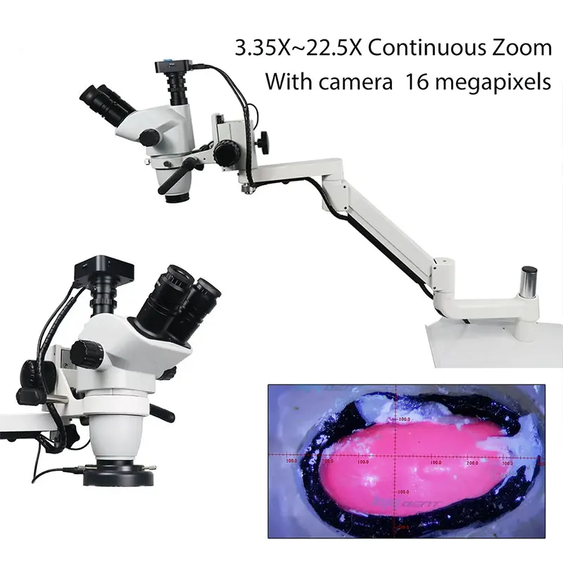 

Dental Equipment Microscope With Camera 3.35X~22.5X Continuous Zoom Clip On Dental Chair Table Dentistry Clinic Root Canal Tool