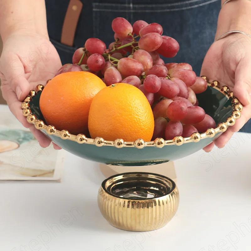 

Tall Feet Draining Ceramic Plates Nordic Modern Golden Beads Embellishment Fruit Plate Coffee Table Desktop Snacks Dessert Tray