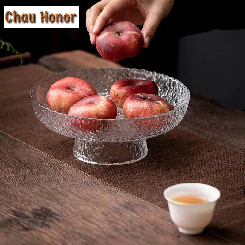 Stone Grain Glass Fruit Tray Modern Simple High Foot Fruit Tray Living Room Tea Table Household Tea Tray Snack Tray Customized