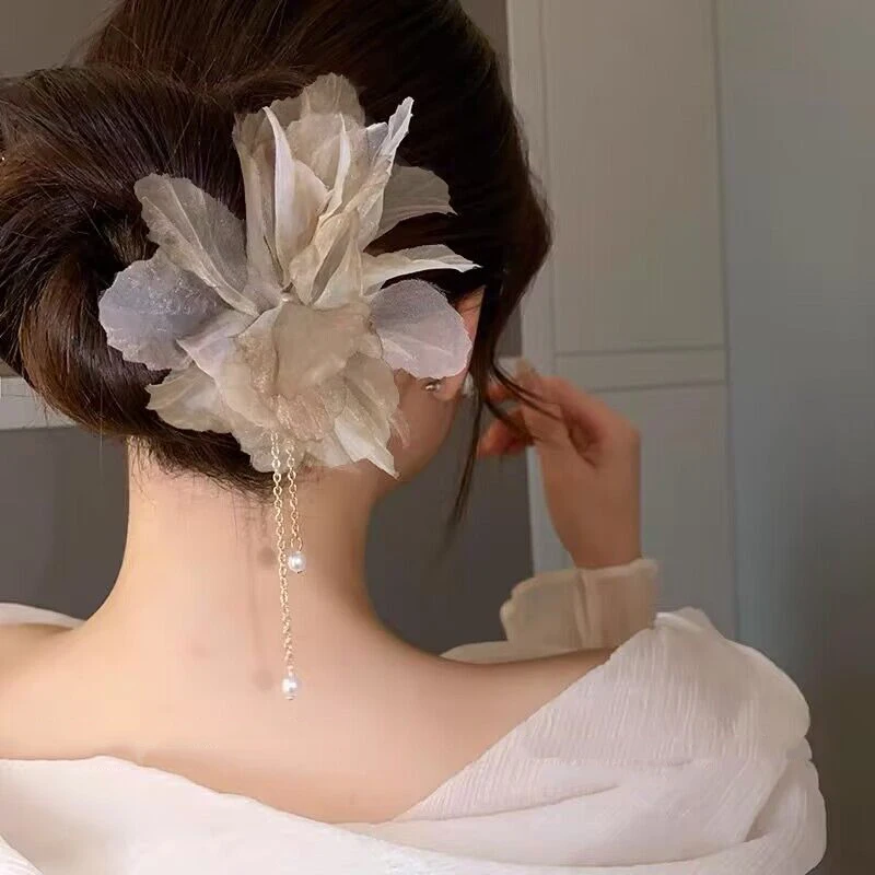 

Women New Elegant Chiffon Flower Hair Stick Pin Female Vinatge Tassel U-shaped Hair Clips Barrettes Girls Trendy Hair Accesories