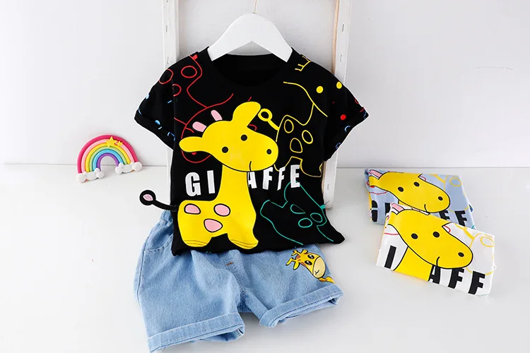 baby clothing set essentials Children's summer suit new children's short sleeved top + denim shorts two-piece boys and girls giraffe printed T-shirt baby girl cotton clothing set