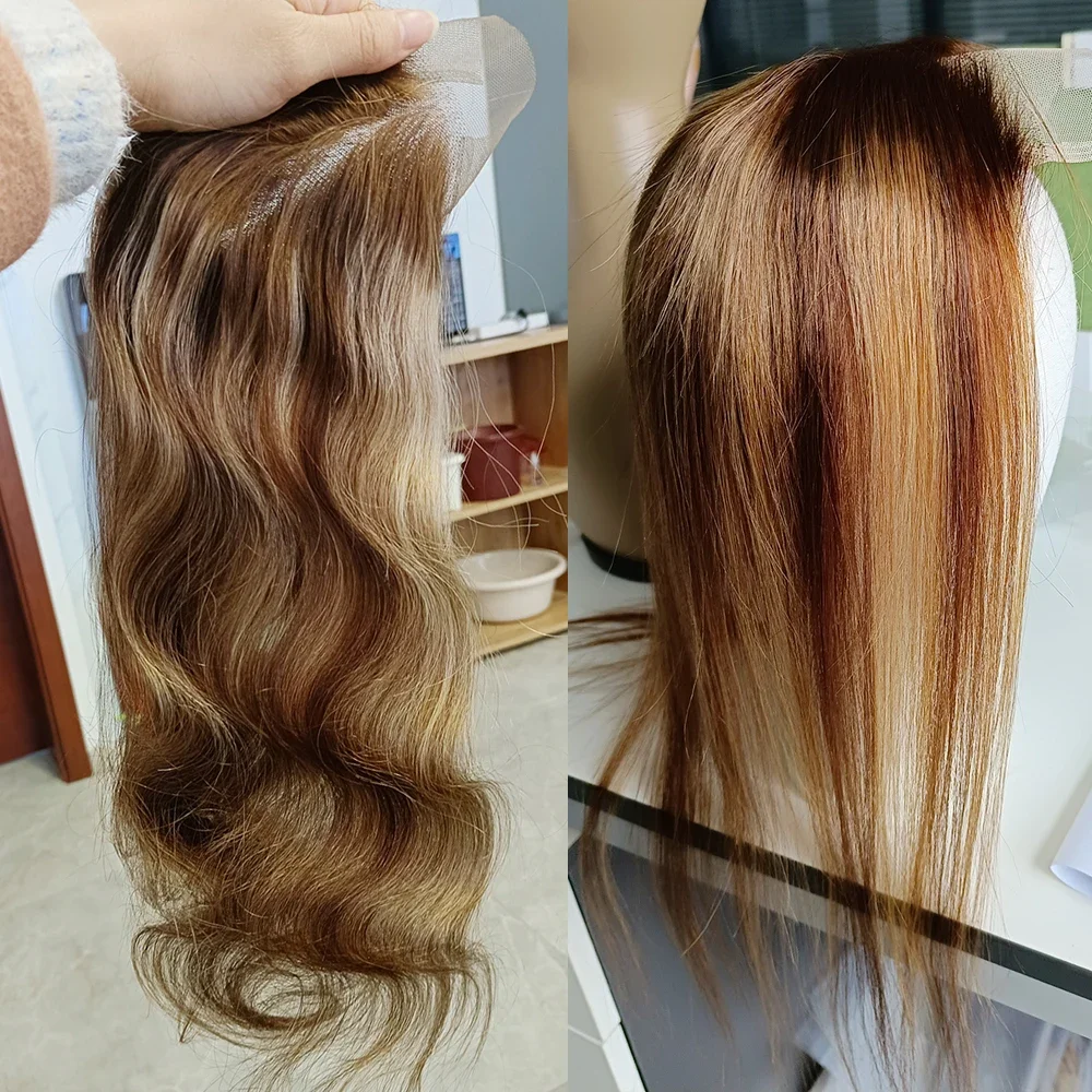 1PC Straight Highlight Human Hair Weave Bundles Brown Blonde Mix Color Lace Closure Frontal Transparent Free Part Bobbi