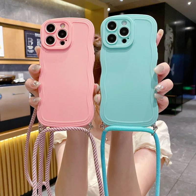 Stylish Wave Edge Lanyard Shockproof Phone Case with Soft Back Cover