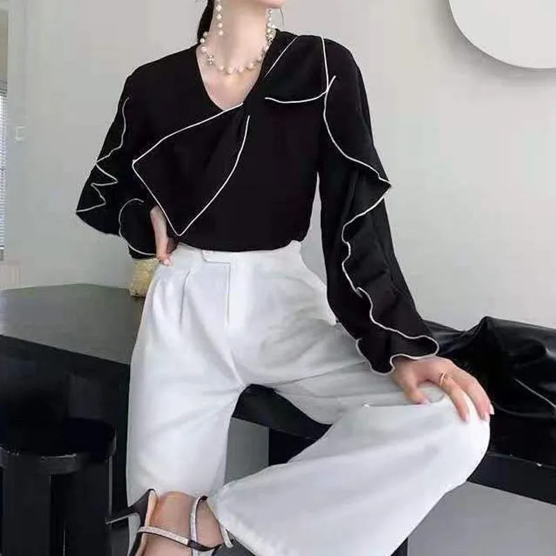 Korean Fashion Bow Spliced Solid Blouse for Female Commute Loose Ruffles Long Sleeve Pullovers Shirt Autumn Women's Clothing